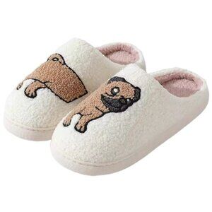 Funny Pug Slippers for Women Men Winter House Shoes, Fluffy Bedroom Slides